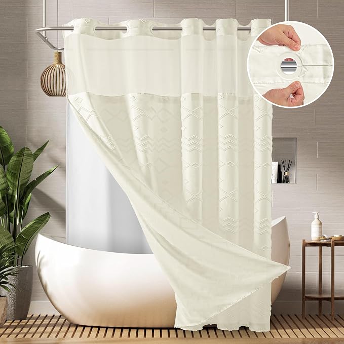 No Hooks Shower Curtain with Snap-in Liner, Water Repellent Hotel Quality by PANGSINNEDirect