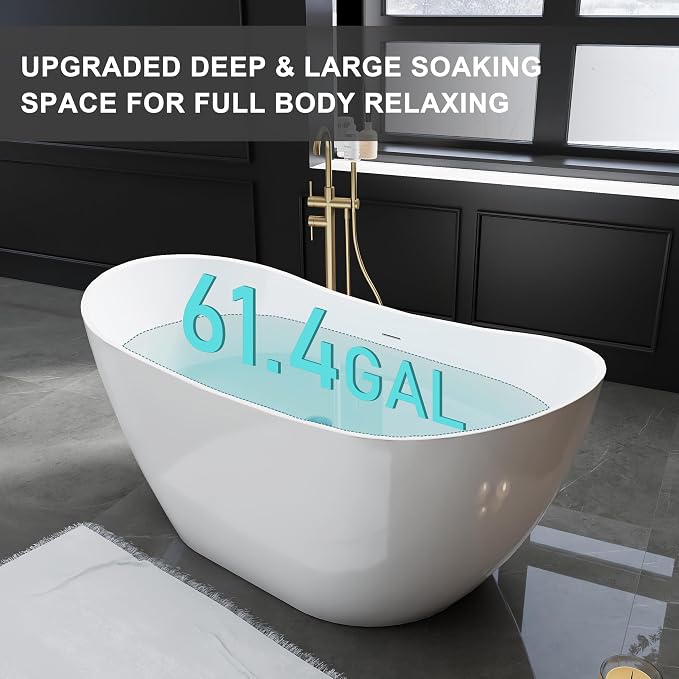 60" Acrylic Freestanding Bathtubs, High-back Stand Alone Tub, Soaking Tubs - Image 3