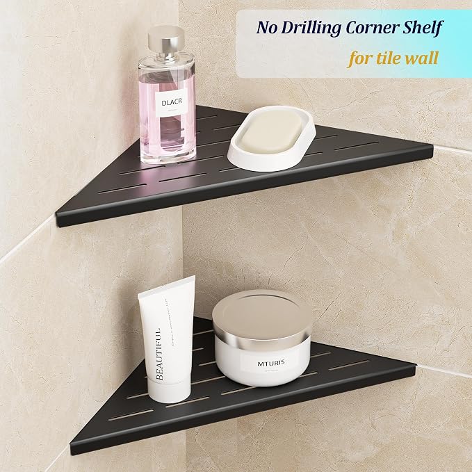 Neodrain 12 Inch Matte Black Corner Shelf Set of 2, Shower Shelves - Image 4