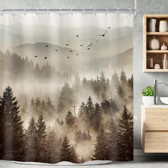 Riyidecor Foggy Mountain Shower Curtain 72Wx72H Inch Nature Abstract Scenery by Riyidecor