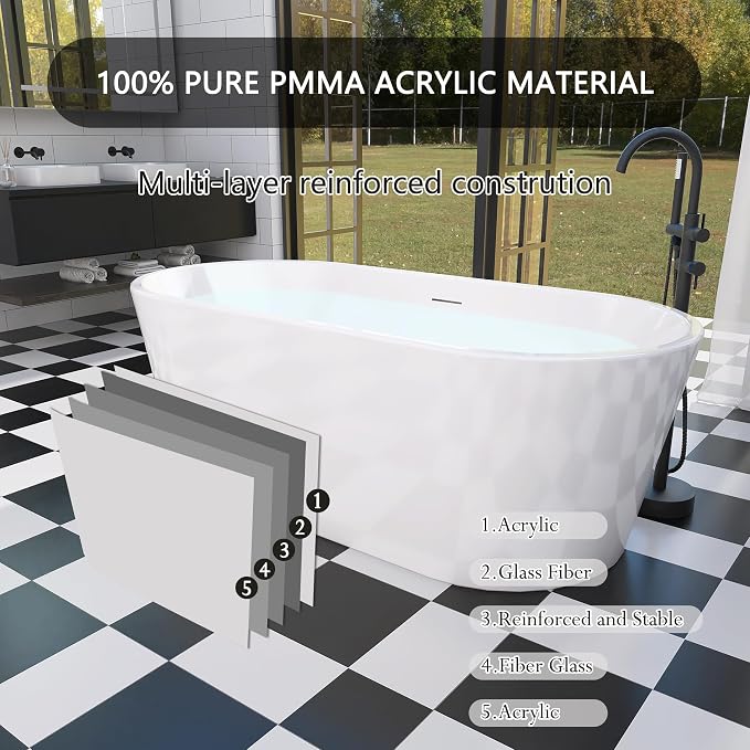 59" Free Standing Tub, Pure Acrylic Freestanding Bathtub, Stylish Stand Alone - Image 6