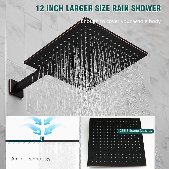Hoimpro 12 Inch Shower Rain Head Shower System Faucet Set 2 in 1 Handheld - Image 6