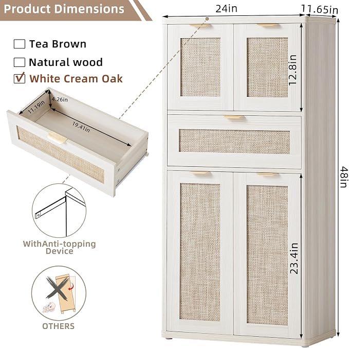 LEYAOYAO 48" Tall Storage Cabinet, Rattan Bathroom Floor Cabinets - Image 2