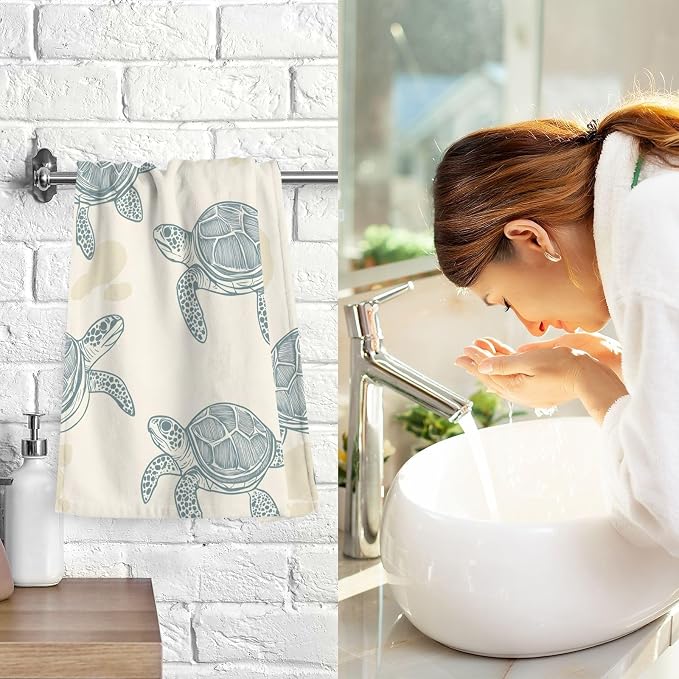 Sea Turtles Style Hand Towels for Bathroom Set of 2 Cotton Face Towel Soft - Image 8