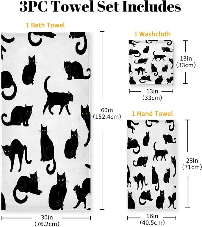 Black Cats 3 Piece Towel Bathroom Sets, 1 Bath Towel, 1 Washcloth, 1 Hand Towel - Image 2
