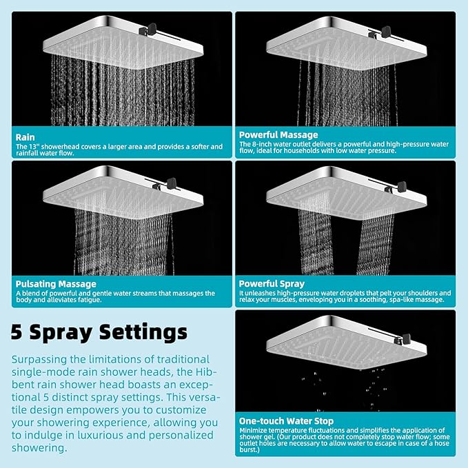 Hibbent 5 Spray Modes Shower Head, Large Rainfall Showerhead - Image 2