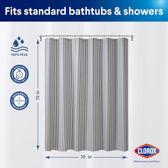 CLOROX Shower Curtain Liner, Premium Striped Medium-Weight Durable Waterproof - Image 2