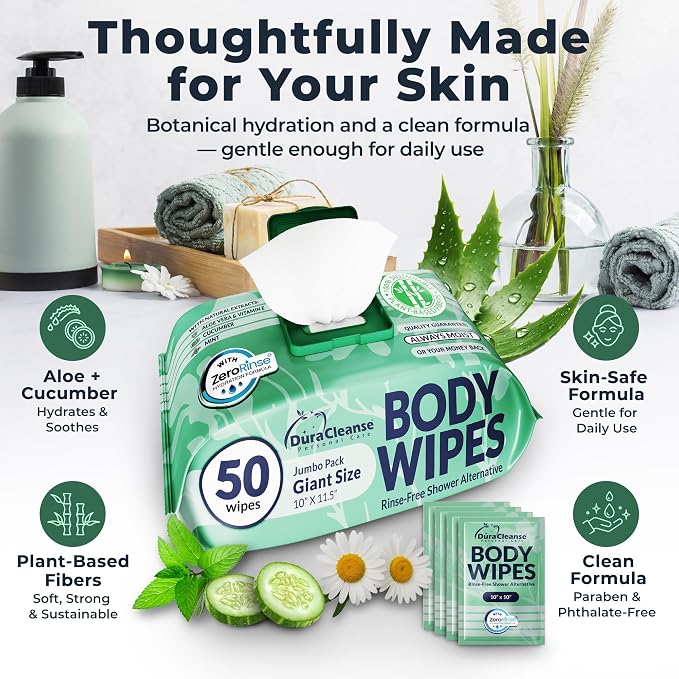 Body Wipes for Women, Extra Moist No Rinse Bathing – 50 XL Shower Cloths + 4 - Image 4