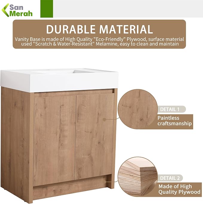 30 inch Bathroom Vanity with Sink, Bathroom Vanity Cabinet W/Resin Sink - Image 5