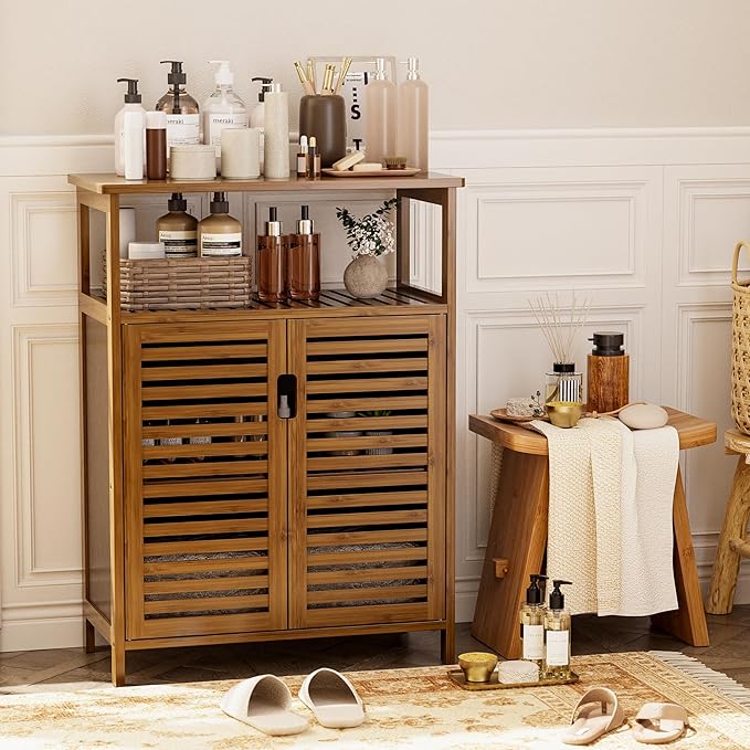 HITNET Walnut Bathroom Floor Cabinet, Bamboo Side Tall Storage Organizer - Image 2
