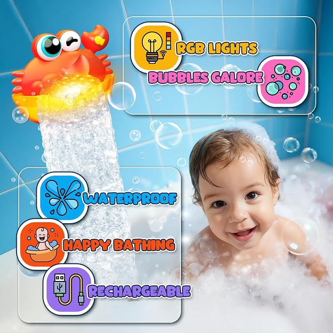 Bath Toys for Kids Ages 1-3, Light Up Baby Bath Toys Crab Bubble Maker - Image 3