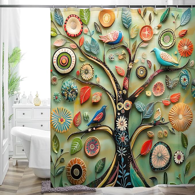 Bohemian Shower Curtain, Boho Floral Print Water Repellent Polyester Fabric by WCWahChunshowercurtains