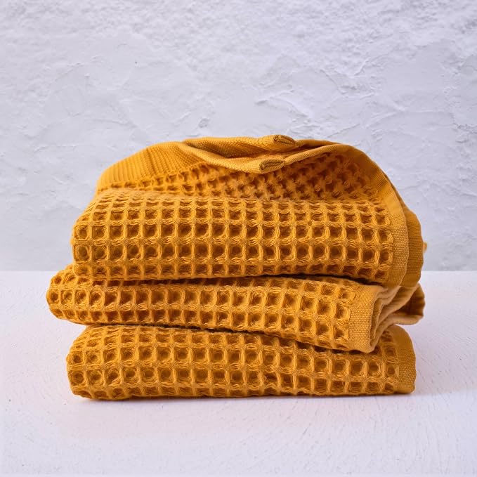 PÜSKÜL Organic Waffle Kitchen Towel 100% Turkish Cotton Set of 3 Mustard Yellow - Image 8