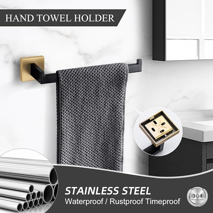 TURS 4-Piece Bathroom Hardware Set Black and Brushed Gold Towel Bar Holder Set - Image 3