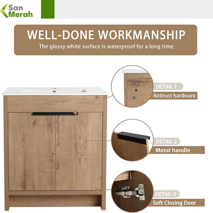 30 inch Bathroom Vanity with Sink, Bathroom Cabinet W/Single Ceramic Sink - Image 6