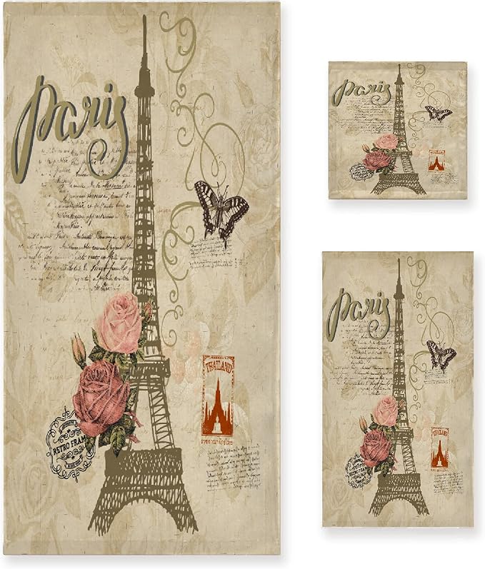 Vintage Butterfly Paris Eiffel Tower 3 Piece Towel Bathroom Sets, 1 Bath Towel by Tamonten