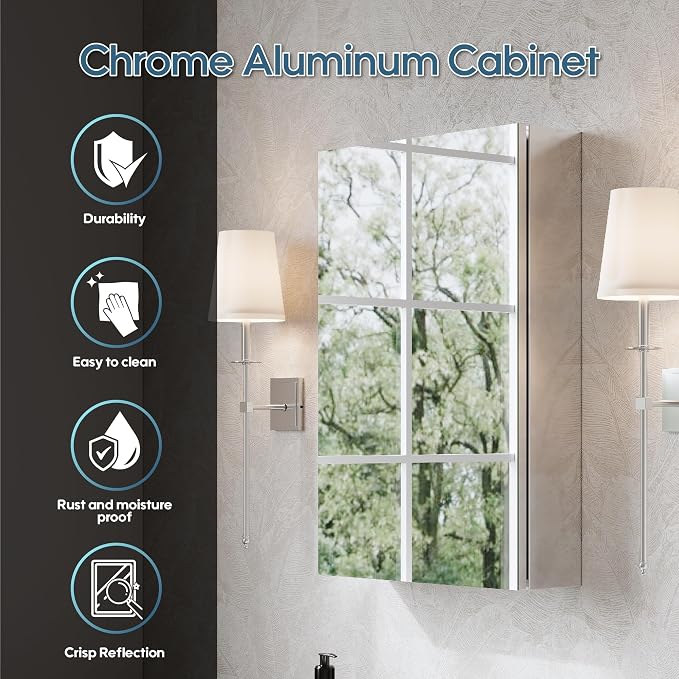 WELLFOR 16" x 24" Bathroom Medicine Cabinet, Anodized Chrome Aluminum Frame - Image 3