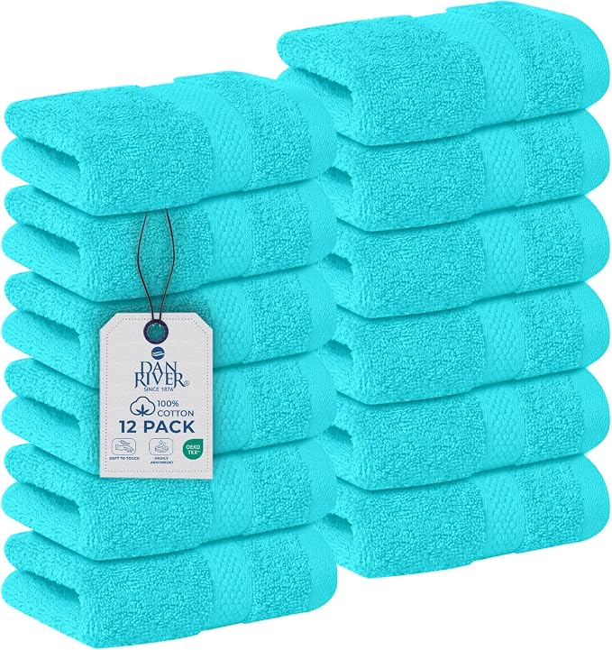 DAN RIVER 12-Pack Premium 100% Cotton Aqua Face Towels – Reusable Face Towel Set by DanRiver