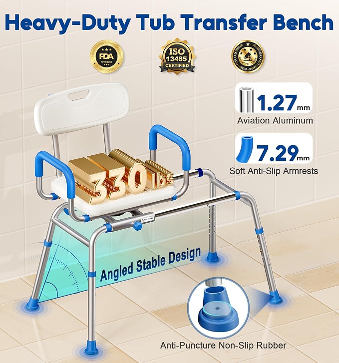 Sliding Shower Chair with Extra-Wide 360° Swivel Seat, 330lbs Tub Transfer Bench - Image 3