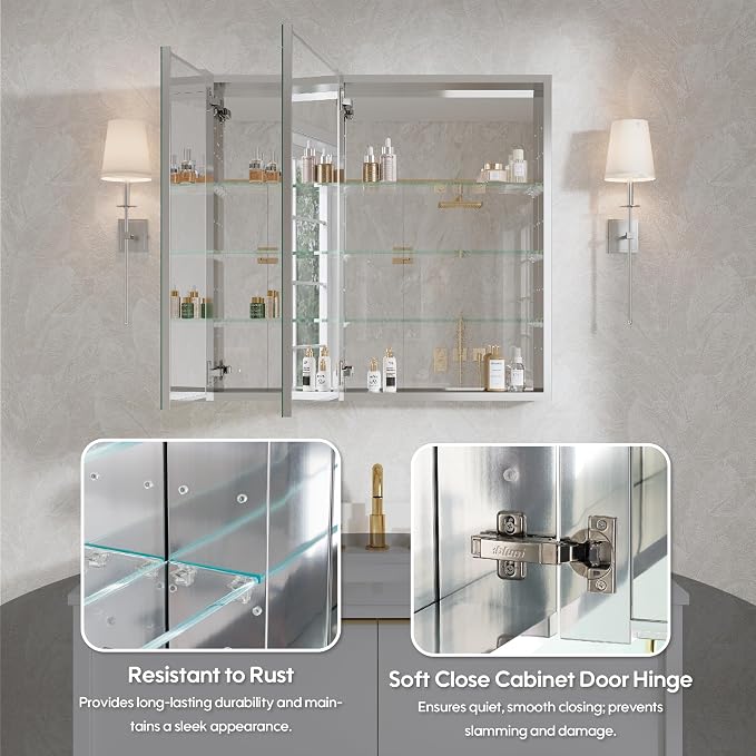 WELLFOR 32" x 30" Rectangle Medicine Cabinet Mirror, Surface Mount or Recessed - Image 5