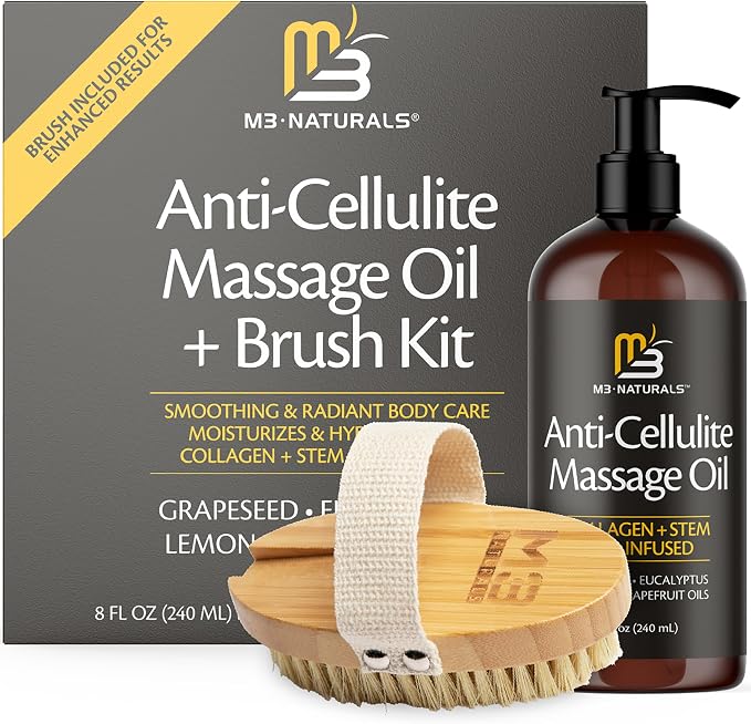 Anti Cellulite Massage Oil and Firm Dry Brush Kit | Collagen & Stem Cell Skin by M3Naturals