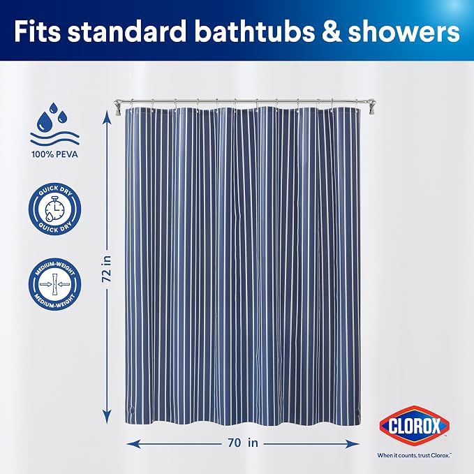 CLOROX Shower Curtain Liner, Premium Striped Medium-Weight Durable Waterproof - Image 2