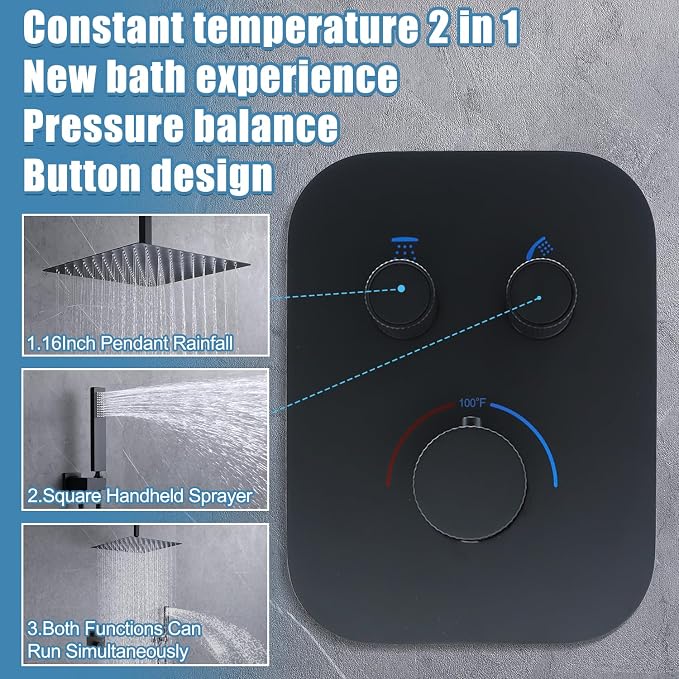 Thermostatic Matte Black Shower System, 16 Inch Luxury Rain Mixer Shower Combo - Image 2