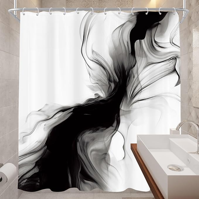 Cinbloo Extra Long Black and White 72Wx84H Shower Curtain Abstract Marble - Image 4