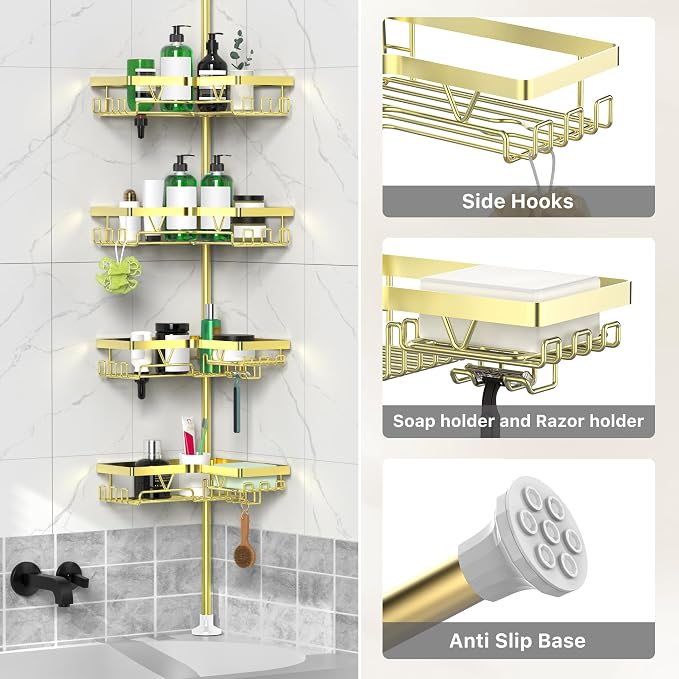 Shower Caddy Tension Pole with 2 Soap Holders, Adjustable Corner Shower Caddy - Image 4
