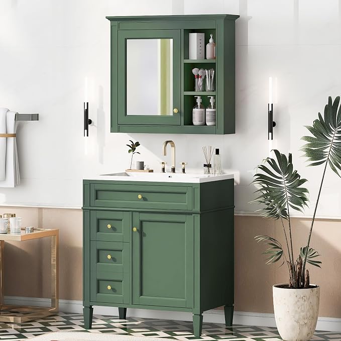 30" Bathroom Vanity with Matching Medicine Cabinet, Modern Sink Storage Cabinet by Virubi