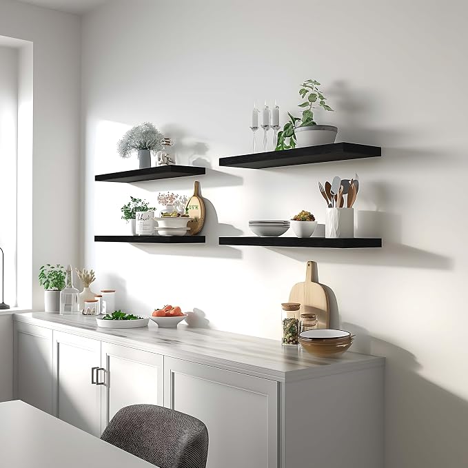 Black Wood Floating Shelves for Wall Rustic Wall Shelves for Bedroom Set of 6 - Image 5