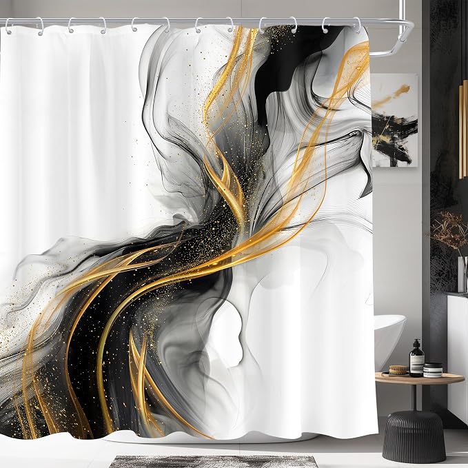 Cinbloo Black and Gold Marble 72Wx72H Shower Curtain Abstract Ink Texture by Cinbloo