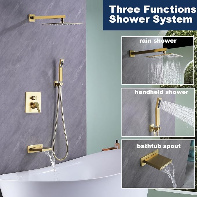 Gold Shower System with Tub Spout, All Metal Bathtub Shower Faucet Set with - Image 3