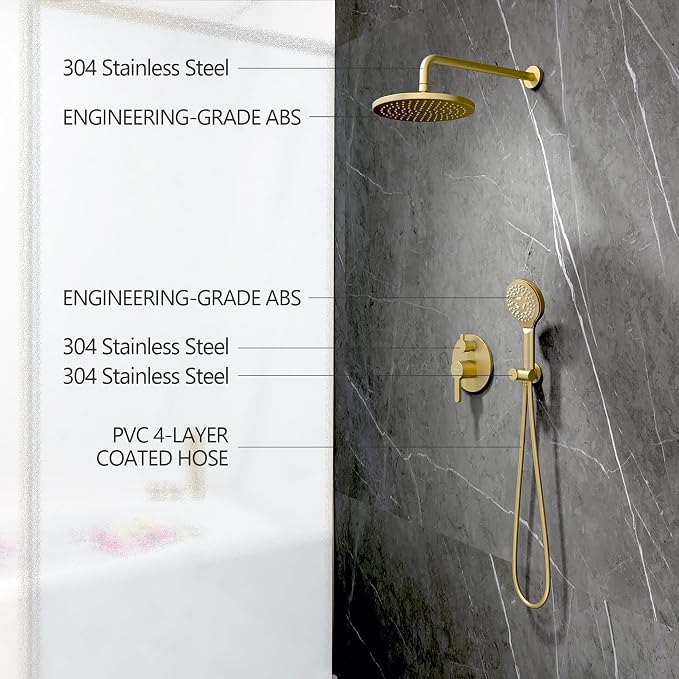 Brushed Gold Shower Faucet Set, Wall Mount Rain Shower System 10 Inches Shower - Image 6