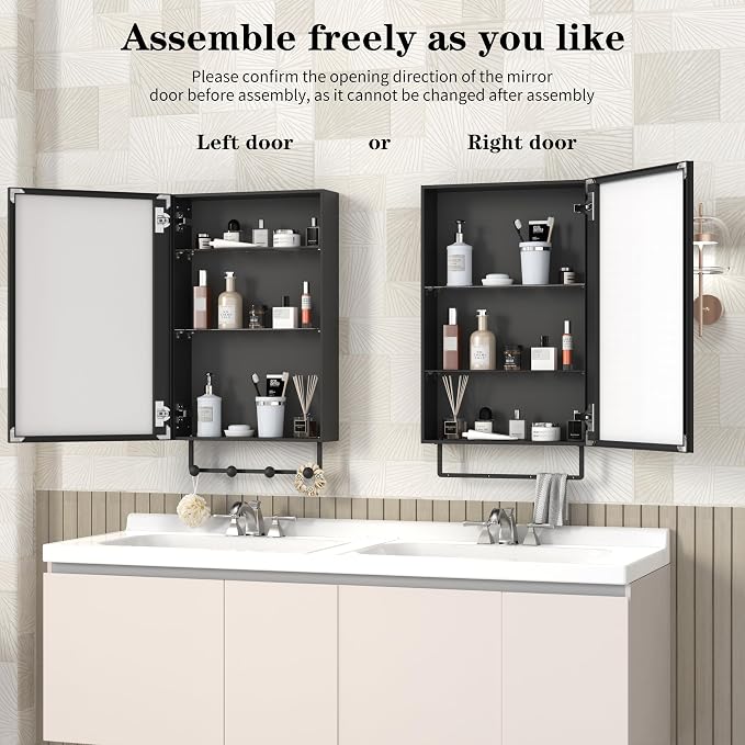 ANYHI 24"x16" Black Bathroom Mirror Medicine Cabinet, Single Door Bathroom Wall - Image 6