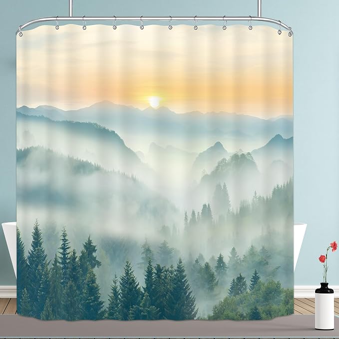 Riyidecor Mountain Shower Curtain 72Wx72H Inch Green Sunrise Sunset Scenery - Image 2