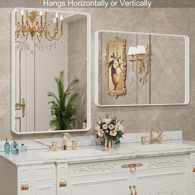 LOAAO 40x32 Inch White Metal Framed Bathroom Mirror - Image 3