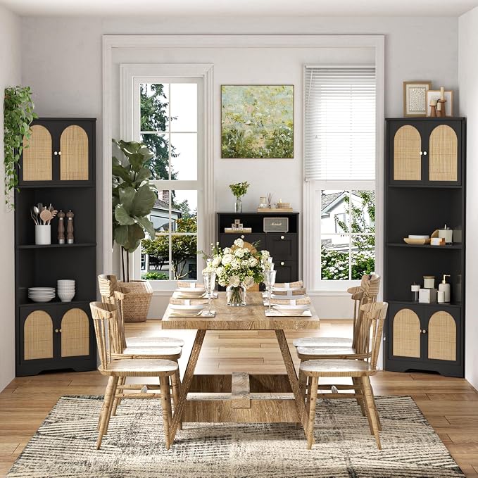 67''H Tall Corner Cabinet with Handmade Rattan Door, Rattan Storage Cabinet - Image 8