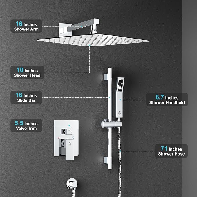 SR SUN RISE 10 Inch Square Shower Faucet, Adjustable 16-Inch Slide Bar Hand - Image 7