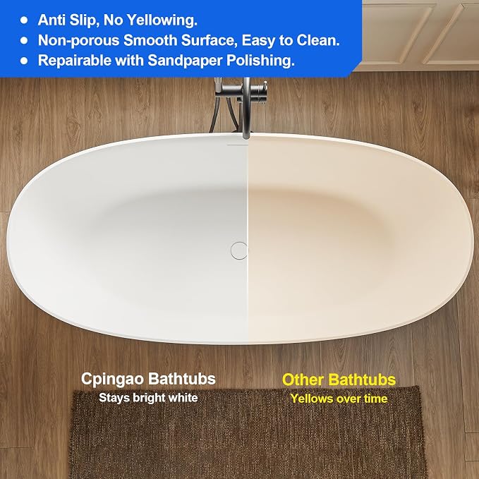 Cpingao 71" Stone Resin Freestanding Bathtub, Contemporary Oval Stand Alone - Image 5