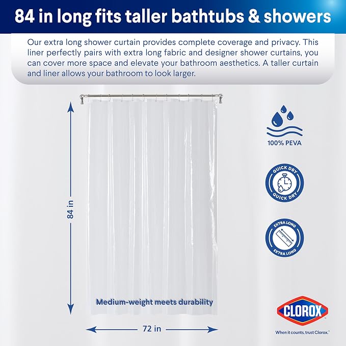 CLOROX Shower Curtain Liner, Premium Medium-Weight Durable Waterproof 6g PEVA - Image 2