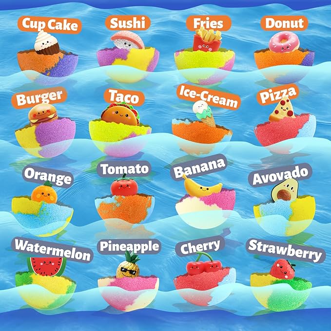 Kids Bath Bombs with Food Toys Inside, 16 Pack Colorful Surprise Bath Fizzies - Image 2