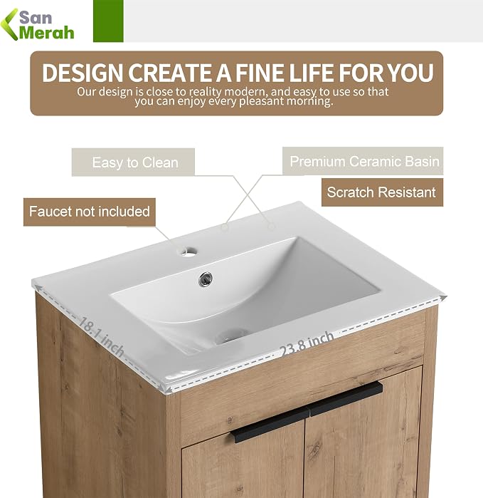 24 inch Bathroom Vanity with Sink, Bathroom Cabinet W/Single Ceramic Sink - Image 5