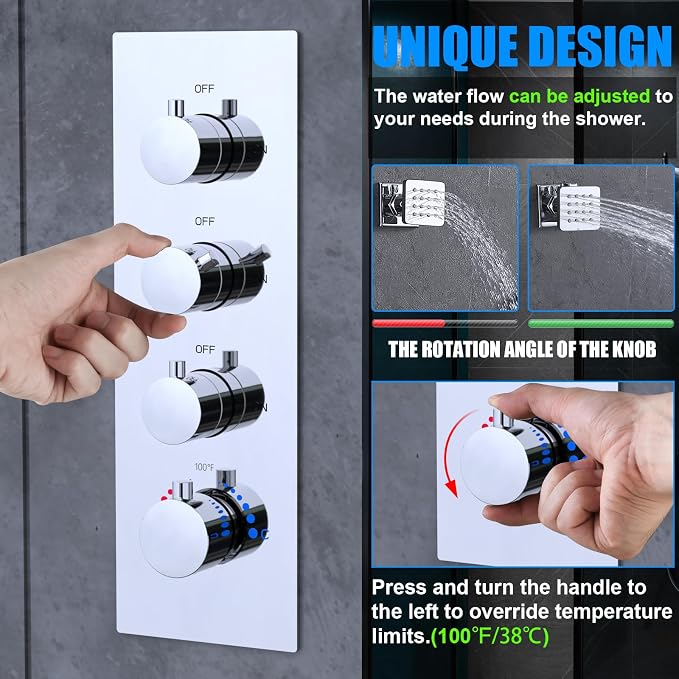HOMEDEC 3-way Brass Thermostatic Shower Diverter, 4 Handle Flow Control Valve - Image 6
