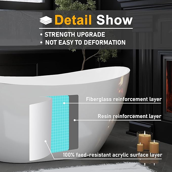 60" Acrylic Freestanding Bathtubs, High-back Stand Alone Tub, Soaking Tubs - Image 7