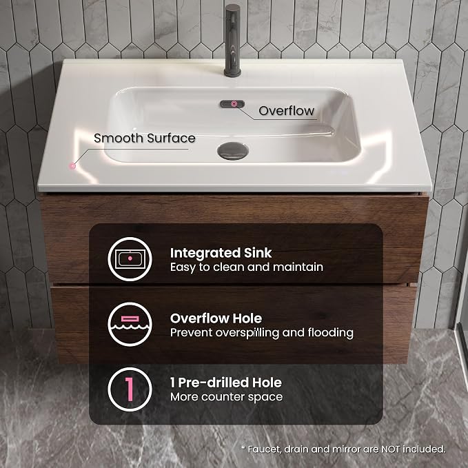 30" Bathroom Vanity with Sink, Modern Floating Vanity with Double Soft Closing - Image 6