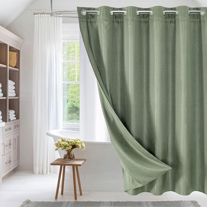 MitoVilla Sage Green Waffle Long Shower Curtain Liner Set 72 x 80, No Hooks by MitoVilla