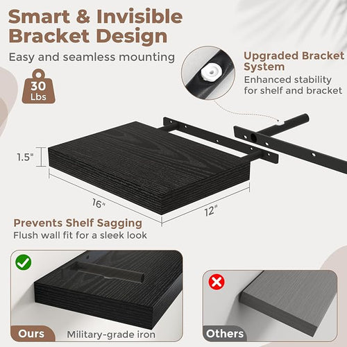 16 Inch Floating Shelves for Wall Set of 2, Easy Install Engineered Wood - Image 2