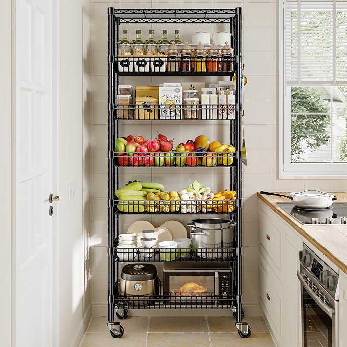 7 Tier Wire Shelving with Wheels 72" H Adjustable Basket Shelf Storage Shelves - Image 2