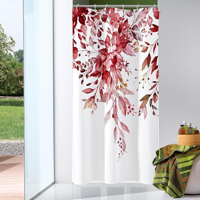 Gibelle Small Stall Shower Curtain 36 x 72, Narrow Half Burgundy Red Floral by Gibelle